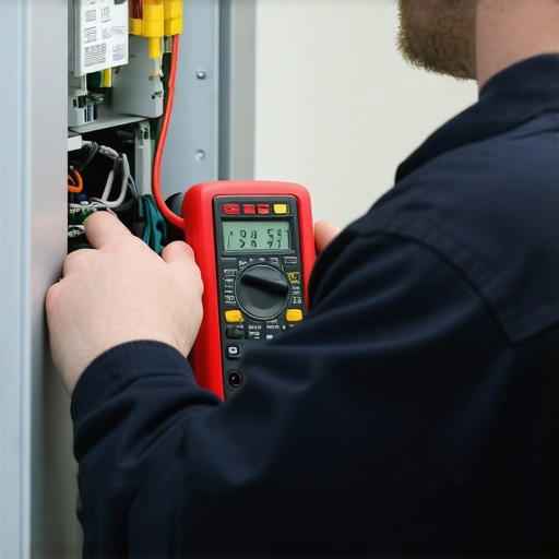 Technician testing refrigerator wiring with multimeter for diagnostics