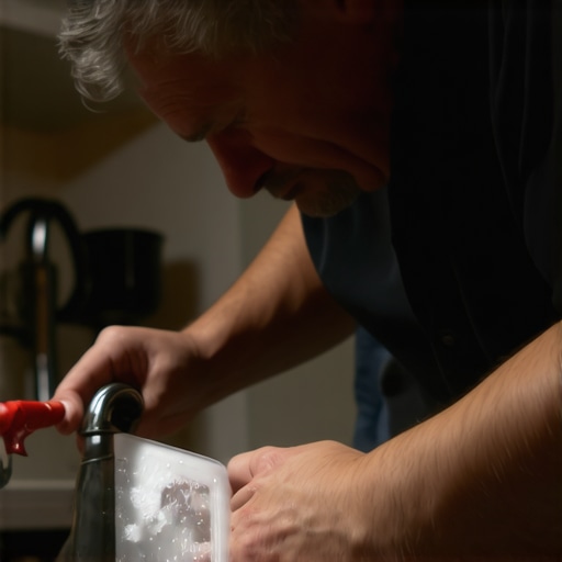 A person applying soap water to gas connection to find leaks.