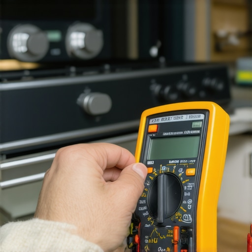 Person testing oven heating element with multimeter in kitchen