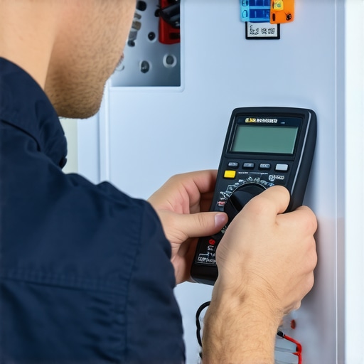 Close-up of technician testing refrigerator compressor with multimeter.