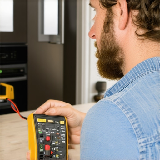 Person testing refrigerator compressor with multimeter in kitchen