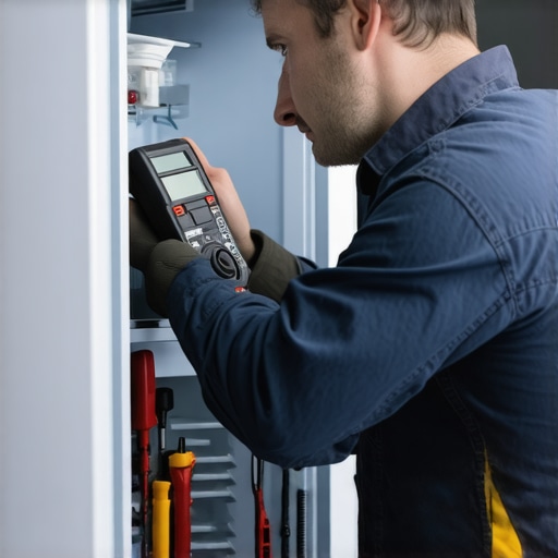 Technician testing refrigerator wiring with a multimeter to diagnose faults.