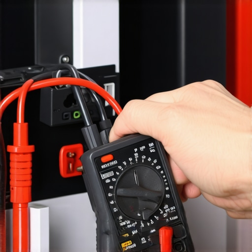 Technician testing relay with multimeter in kitchen environment.