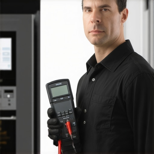 Technician using multimeter and infrared thermometer on kitchen appliances