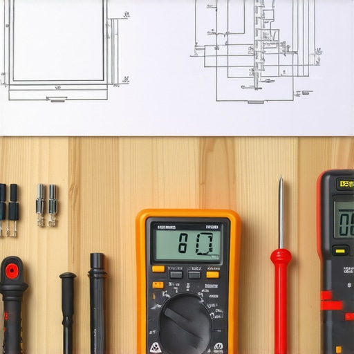 A close-up of multimeter and screwdrivers arranged on a workbench.