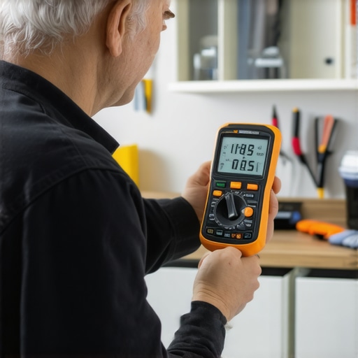 Home repair tools in action, digital multimeter and infrared thermometer diagnosing appliances, organized workspace.
