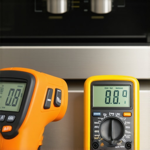 Close-up of a digital infrared thermometer and a multimeter beside an oven, tools for appliance repair