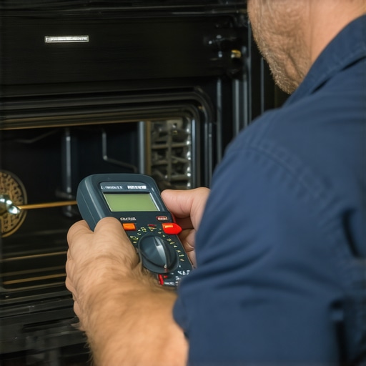 Expert Appliance Diagnostics in Action Technician testing an oven with a multimeter for accurate diagnostics.
