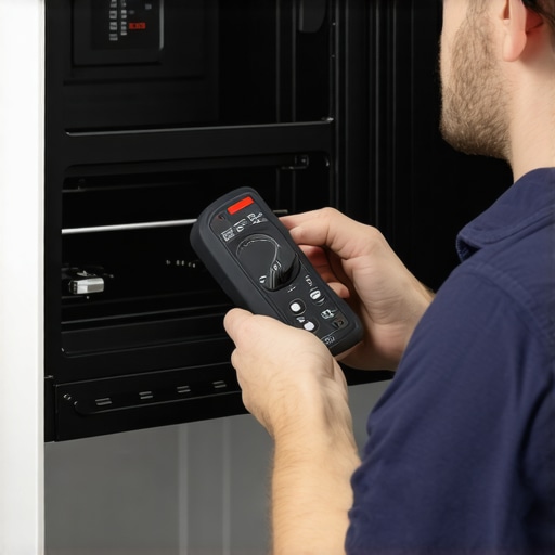 Technician using multimeter to test oven control panel for maintenance