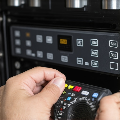 Technician testing oven control with multimeter for thorough diagnostics