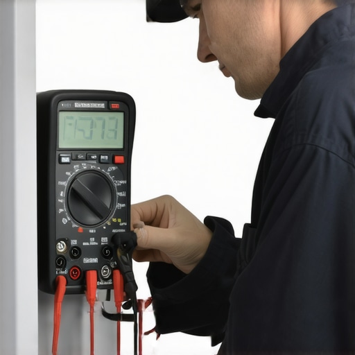 Technician testing appliance control board with multimeter for diagnostics