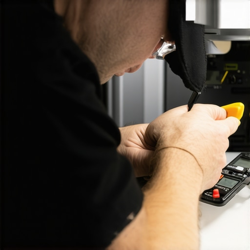 Technician testing appliance wiring with a digital multimeter