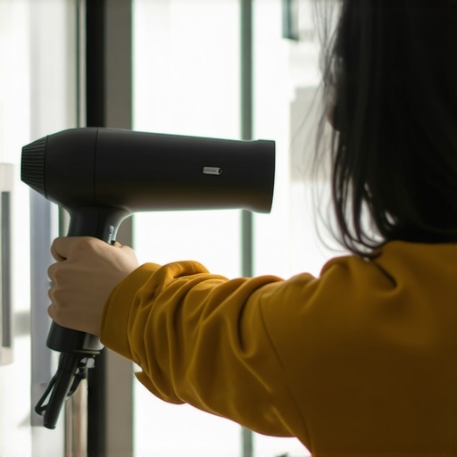 Person warming a refrigerator gasket with a hairdryer