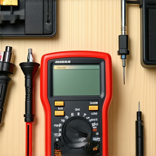 A technician's hand holding a digital multimeter testing refrigerator compressor terminals in a workshop