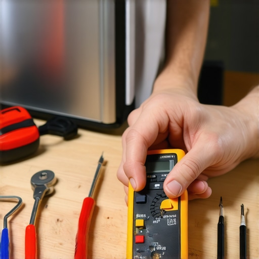 Person testing appliance wiring with a multimeter in a home kitchen.