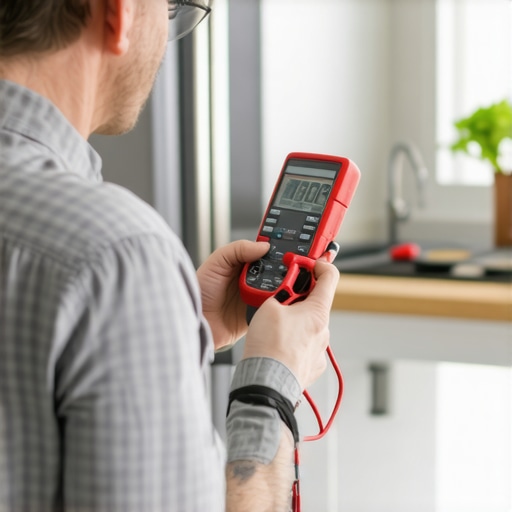Person testing appliance wiring with a multimeter in kitchen setting.