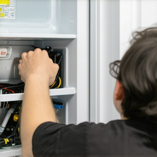 Person checking the drain pan and tubes inside a refrigerator for leaks.