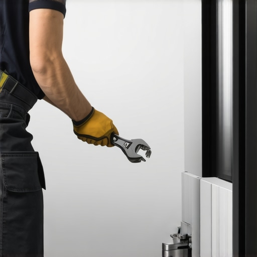 Close-up of hands adjusting refrigerator's leveling feet with wrench