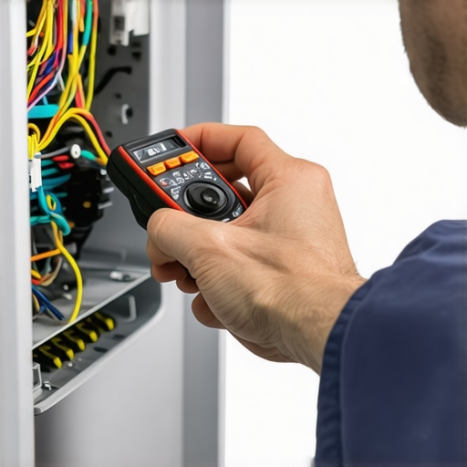 Professional Appliance Diagnostics at Work Technician testing refrigerator wiring with a multimeter