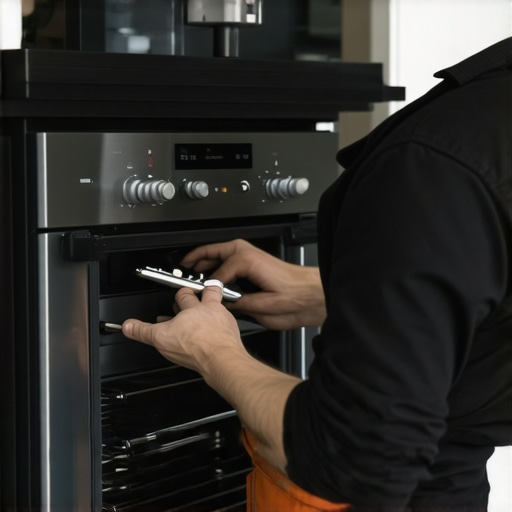 A repair technician replacing an oven hinge with precision tools