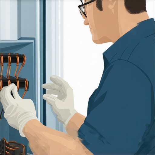 A technician using tools to inspect refrigerator coils and internal components.