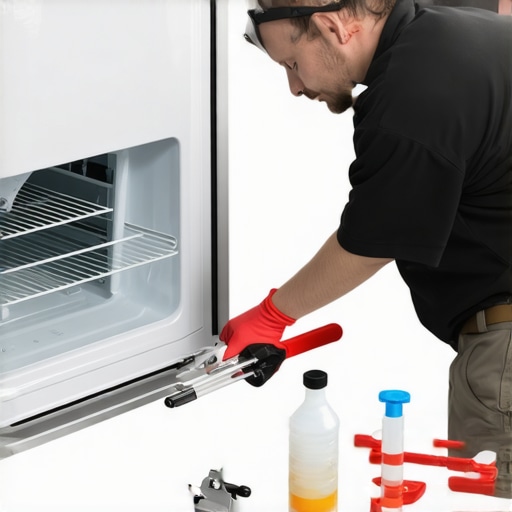 Technician using tools to clean the refrigerator drain line