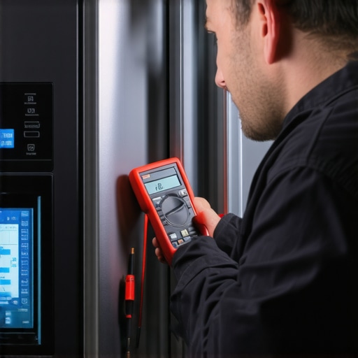 Technician testing refrigerator electrical connections with a multimeter.