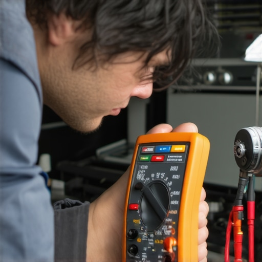 Technician using multimeter on a gas stove ignition button