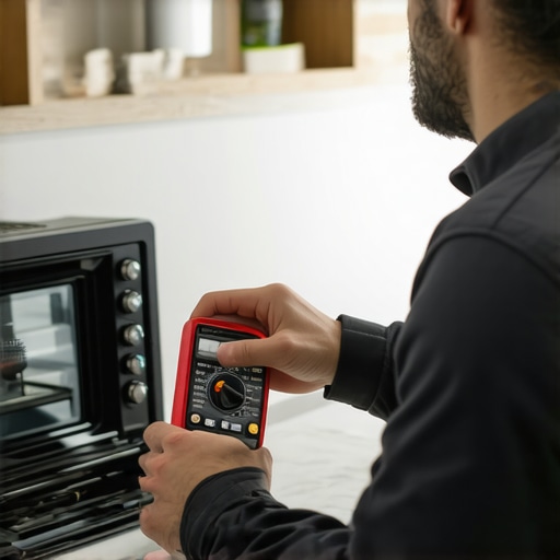 Tech testing oven control board with a multimeter for faults