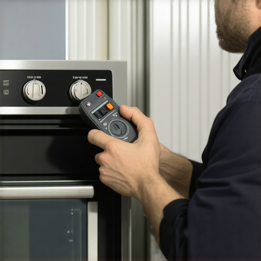 Technician measuring oven temperature sensor with a multimeter in a modern kitchen