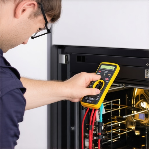 Electrician using multimeter on oven wiring
