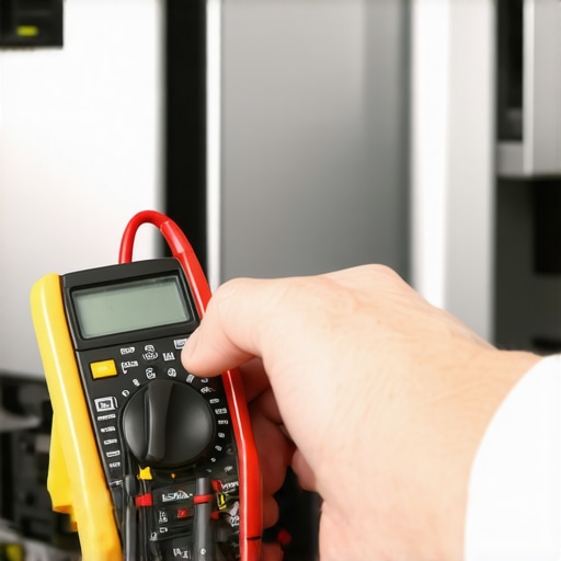 Person testing refrigerator compressor wires with a multimeter in a kitchen setting