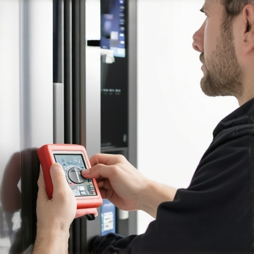 Technician measuring refrigerator control board with multimeter.
