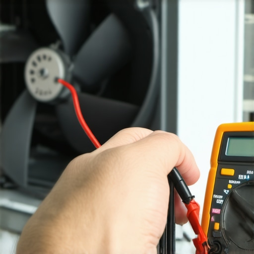 Person testing refrigerator fan motor with multimeter for diagnostics