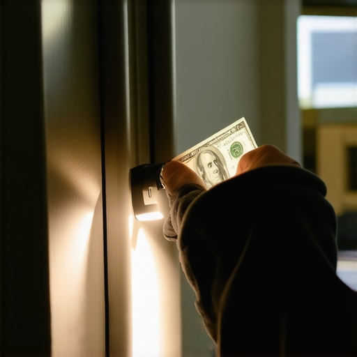 Person checking fridge gasket seal with dollar bill and flashlight to identify leaks.