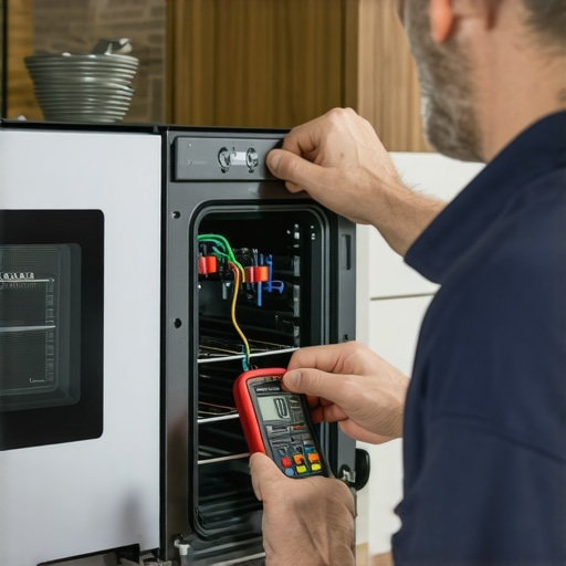 Technician testing appliance wiring with a multimeter for maintenance
