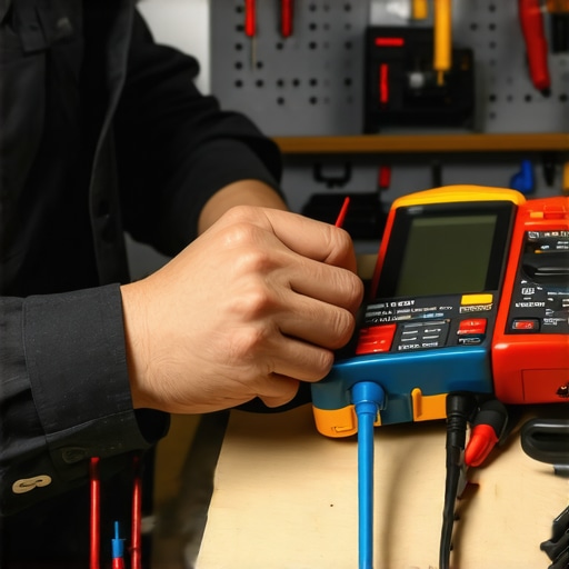 Technician testing appliance components with a multimeter in a workshop environment