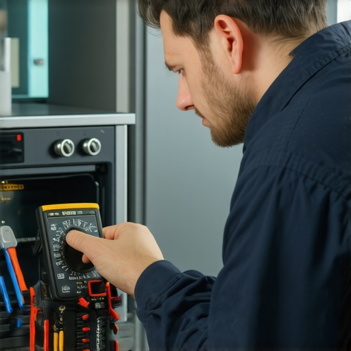Technician testing an oven fuse with a multimeter in a well-lit workshop.