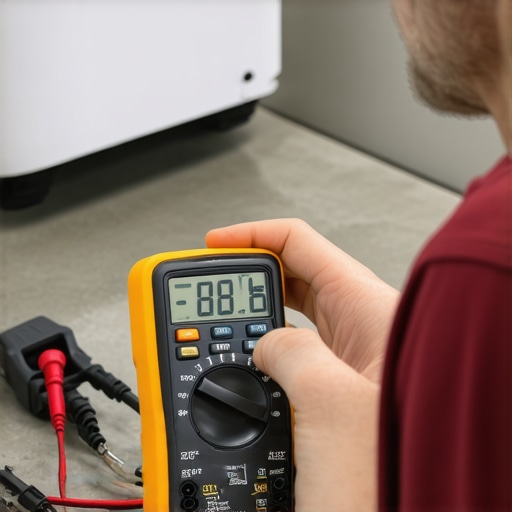 Person testing appliance wiring with a multimeter in a workshop.
