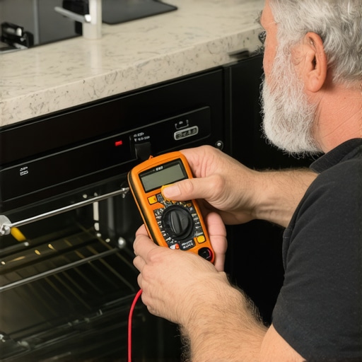 Homeowner testing oven heating element with a digital multimeter in a modern kitchen.