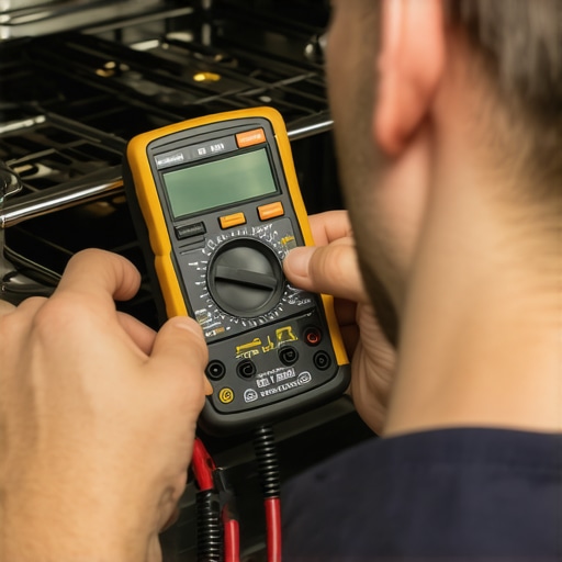 Technician testing oven heating element with multimeter during repair