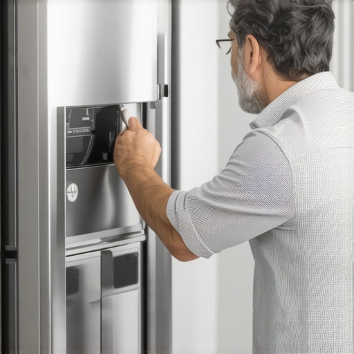 Homeowner opening refrigerator panel with a flashlight to locate the tech sheet inside