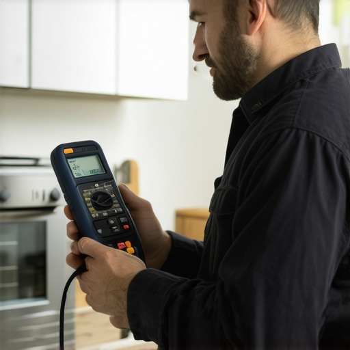 Homeowner inspecting oven with multimeter and thermal camera for preventive maintenance.