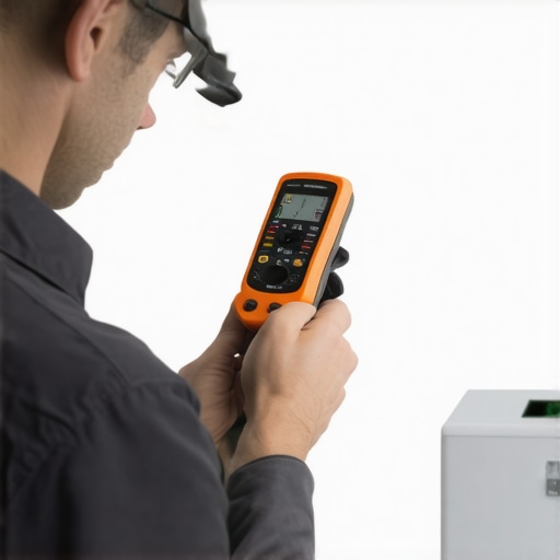Technician measuring appliance electrical connections with multimeter and thermal imaging camera