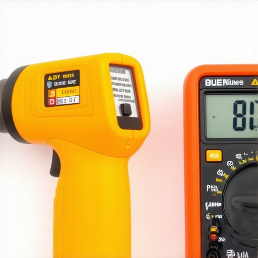 Infrared thermometer and multimeter set ready for appliance troubleshooting.