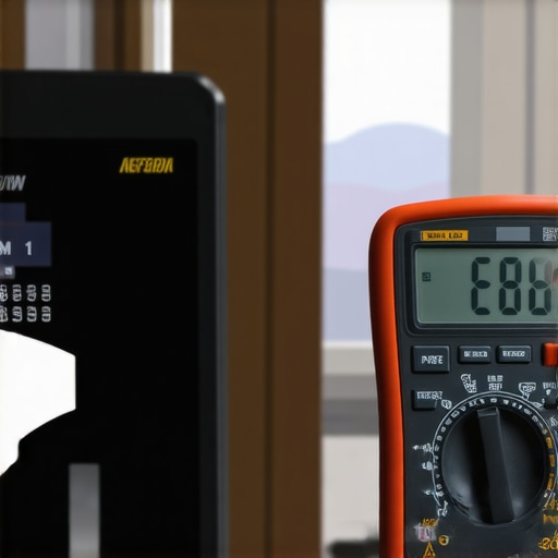 A person using a digital multimeter to test an appliance component in a kitchen setting