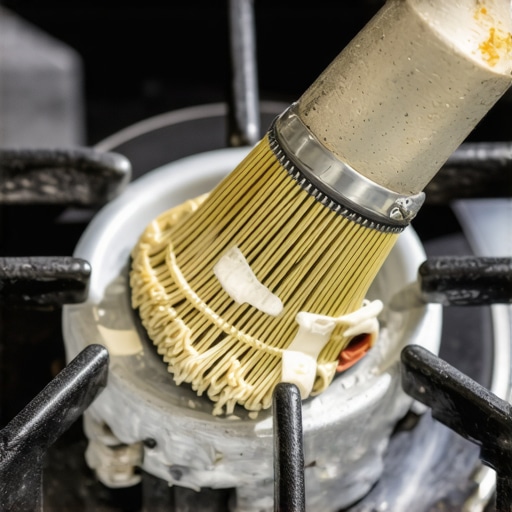 Person cleaning gas burner ports with wire brush to improve flame quality.