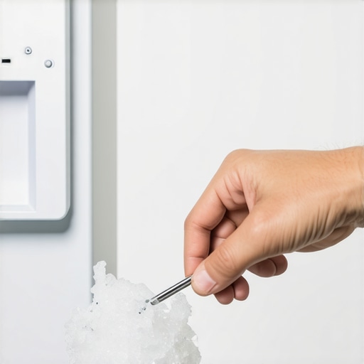 A technician's hand using a wire to fix a clogged defrost drain in a refrigerator