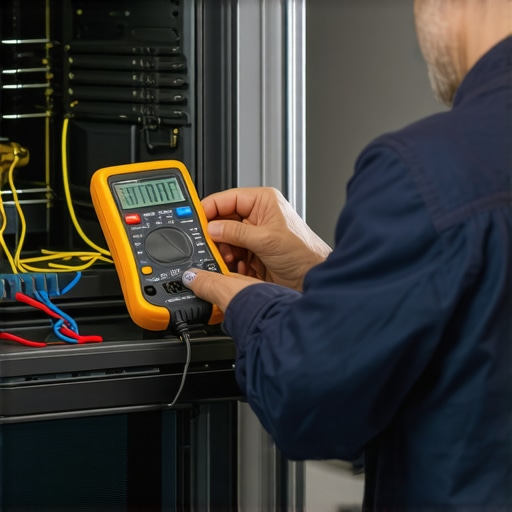 A technician's hand testing appliance wiring with a digital multimeter during maintenance.