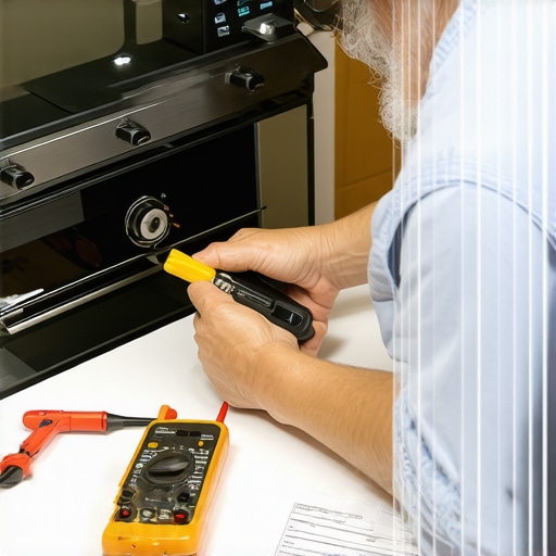 Person testing oven sensor with multimeter in kitchen workshop.